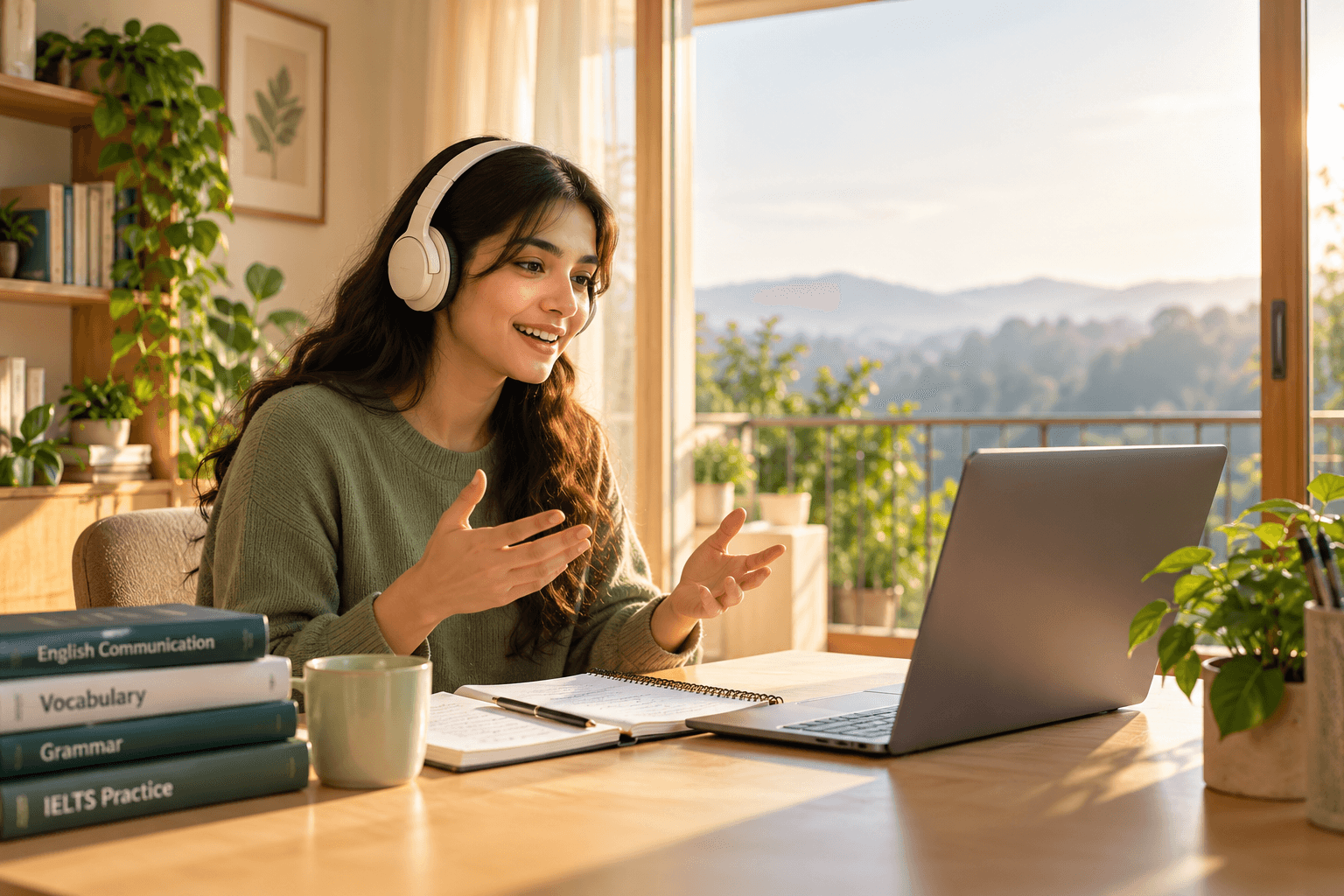 Student wearing headphones engaged in active English speaking practice with Fluently